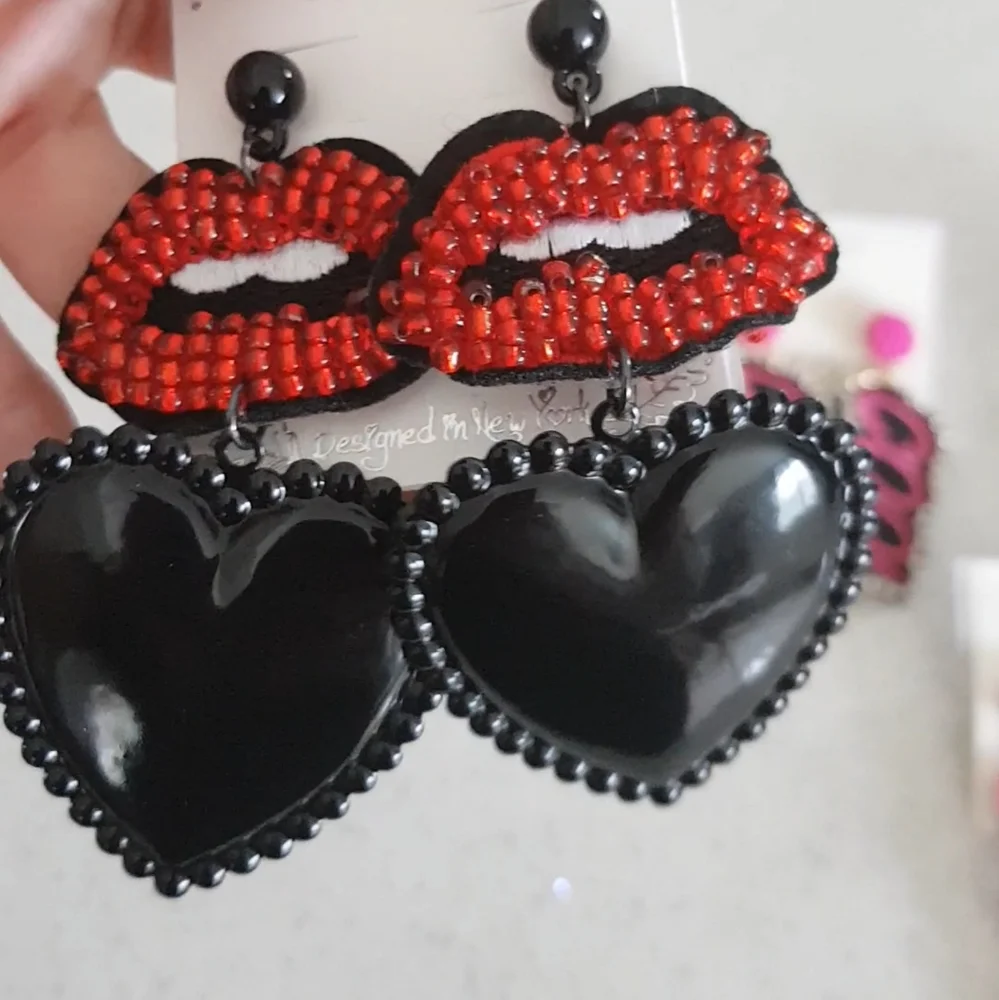 Beaded Red Lips & Black Heart Statement Earrings | 3.5” Lightweight | Kiss &Tell